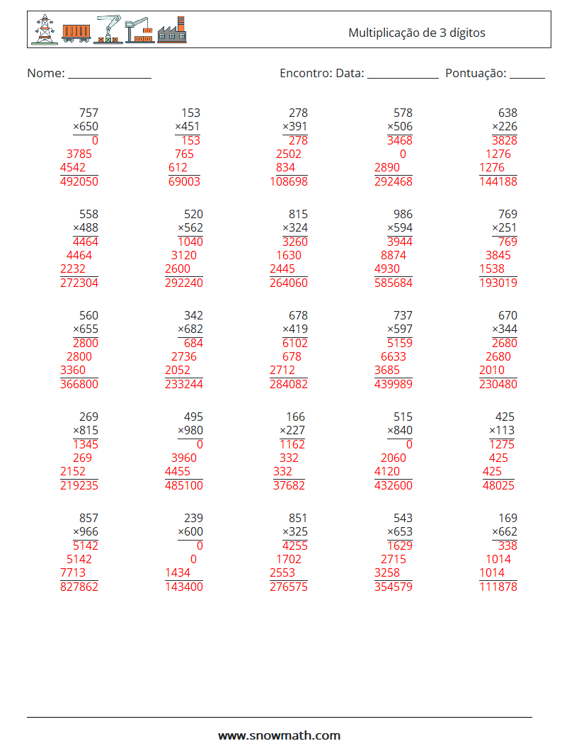 (25) Multiplicação de 3 dígitos planilhas matemáticas 1 Pergunta, Resposta