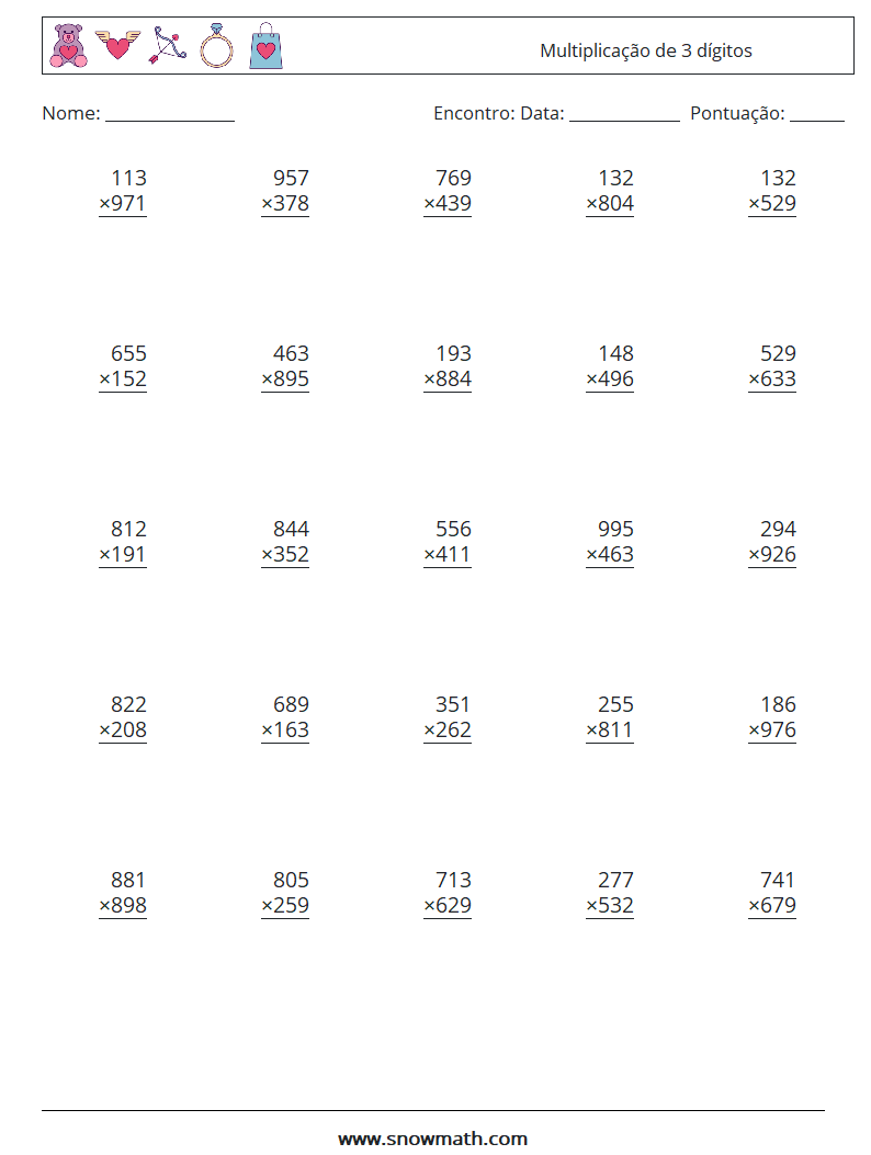 (25) Multiplicação de 3 dígitos planilhas matemáticas 2