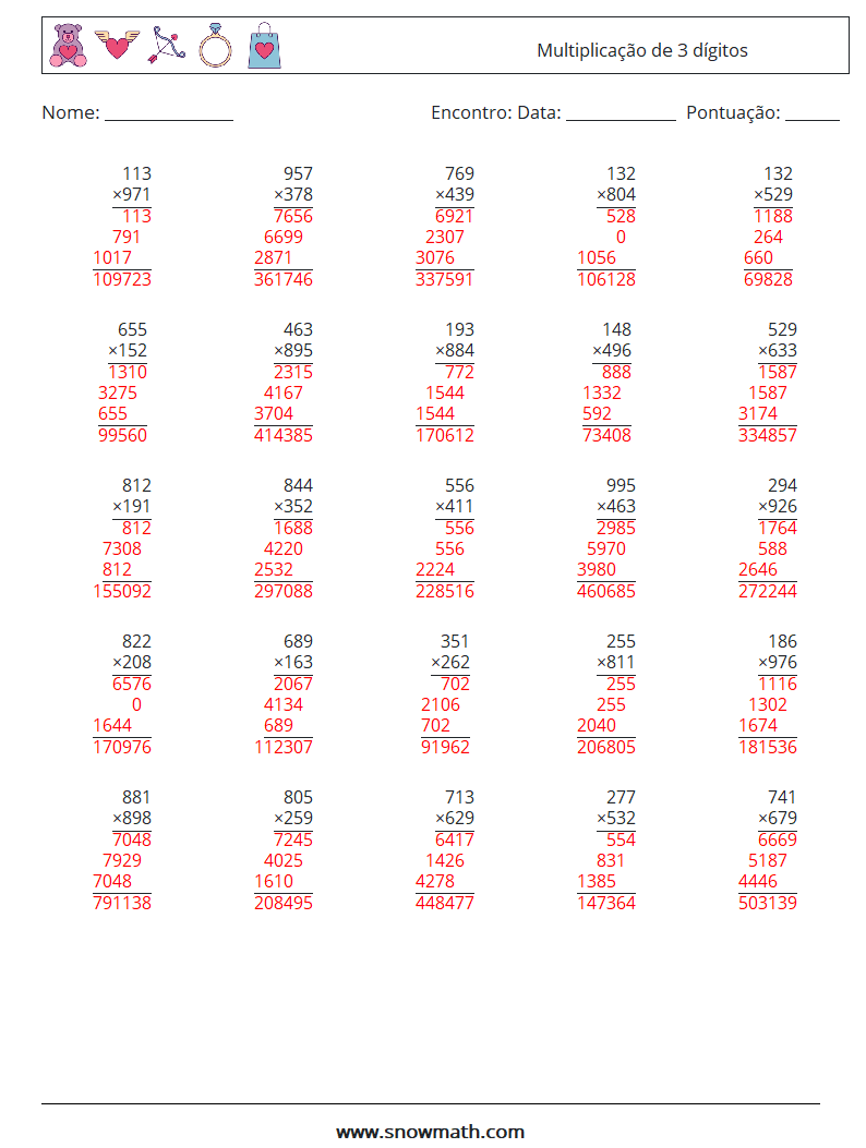 (25) Multiplicação de 3 dígitos planilhas matemáticas 2 Pergunta, Resposta