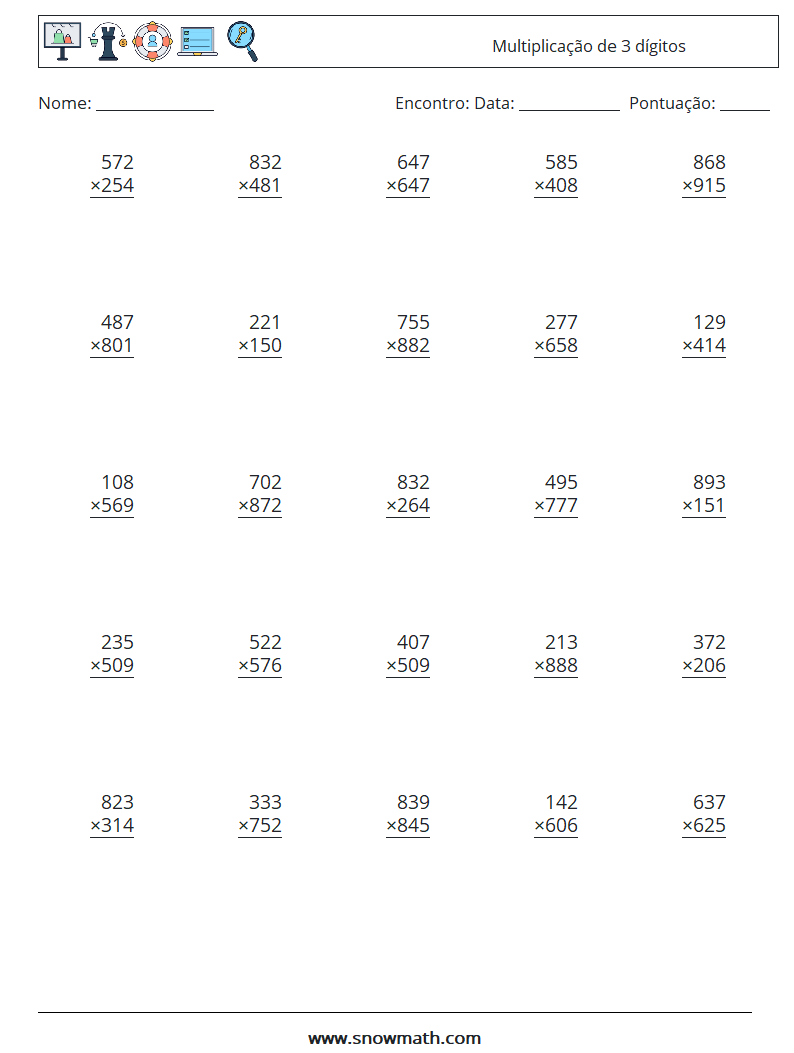 (25) Multiplicação de 3 dígitos planilhas matemáticas 4