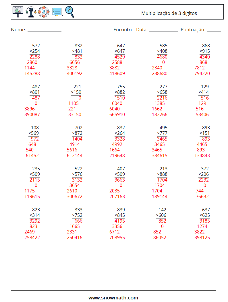 (25) Multiplicação de 3 dígitos planilhas matemáticas 4 Pergunta, Resposta