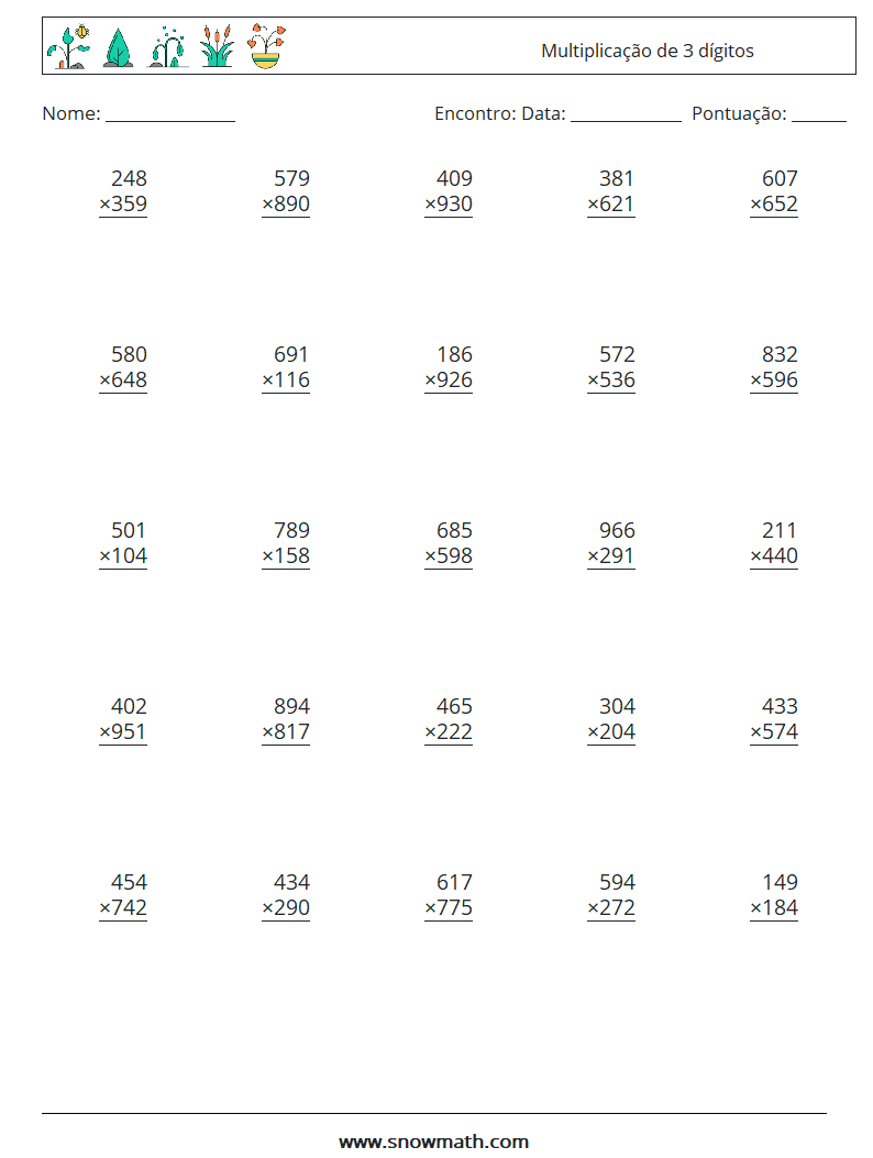 (25) Multiplicação de 3 dígitos planilhas matemáticas 5