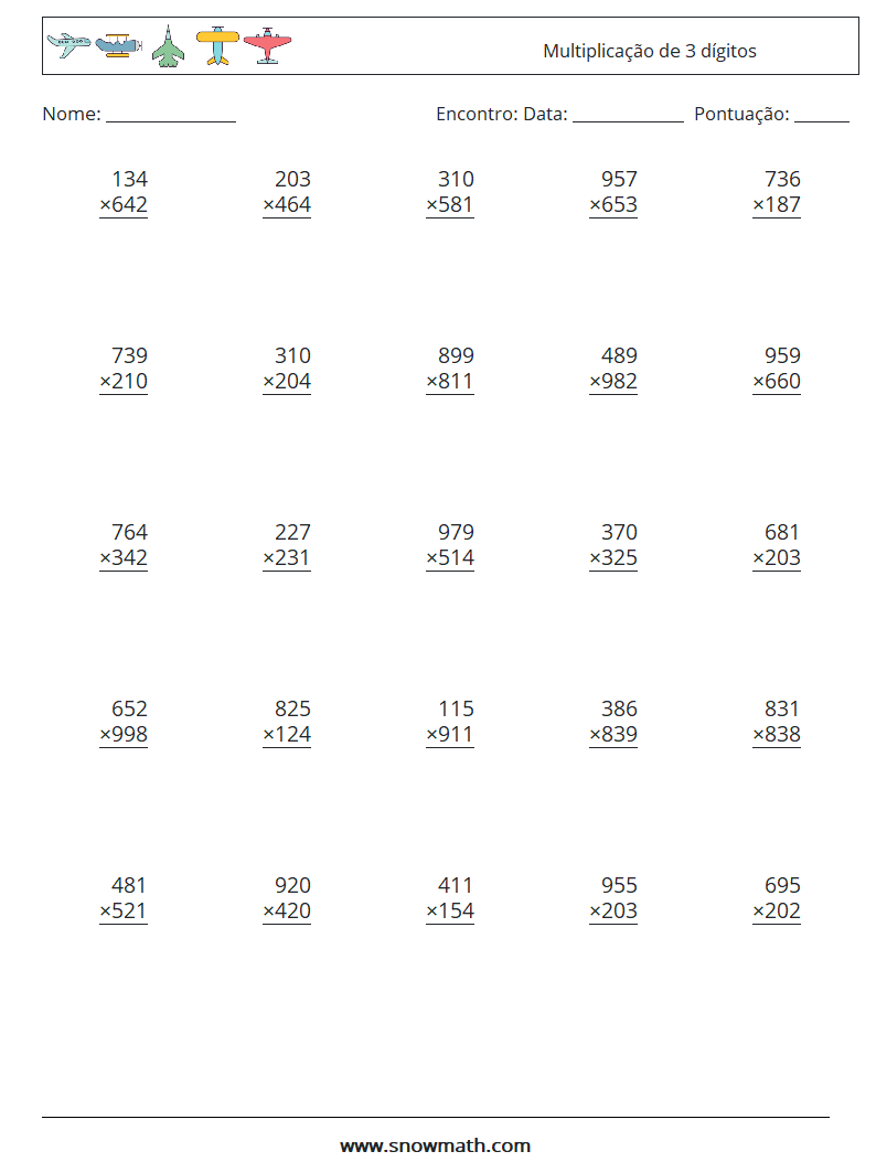 (25) Multiplicação de 3 dígitos planilhas matemáticas 6