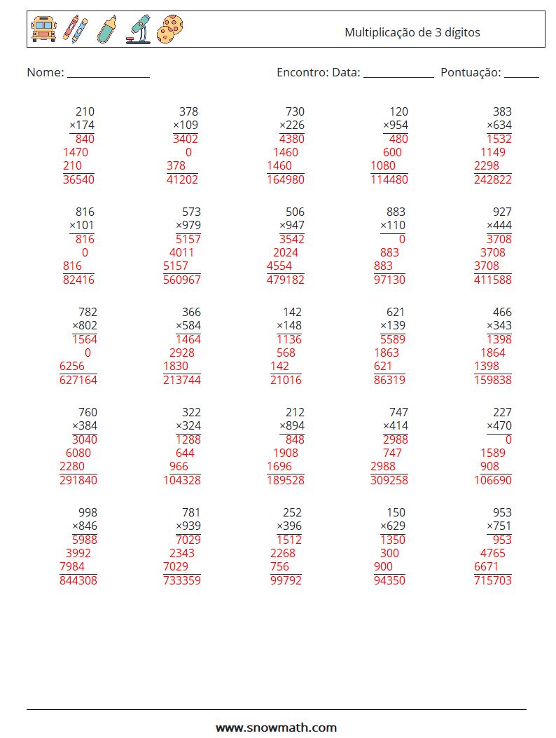 (25) Multiplicação de 3 dígitos planilhas matemáticas 7 Pergunta, Resposta