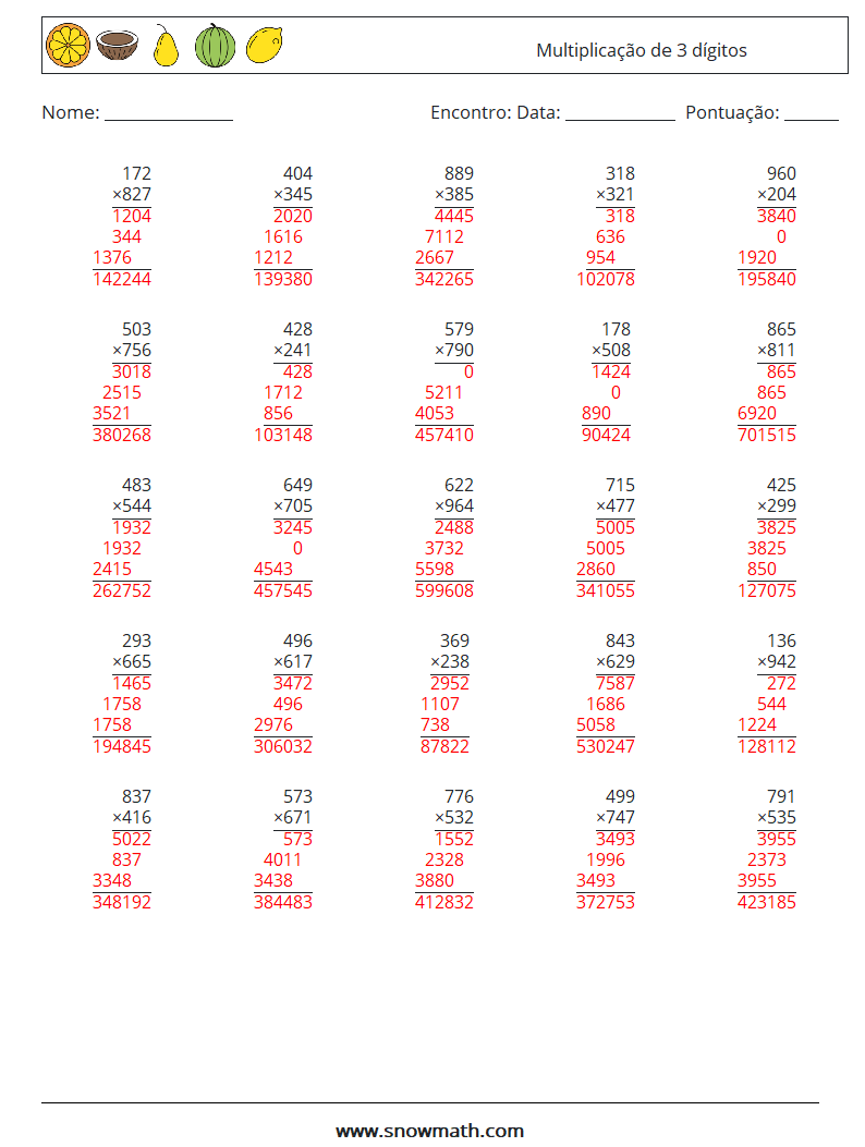 (25) Multiplicação de 3 dígitos planilhas matemáticas 8 Pergunta, Resposta