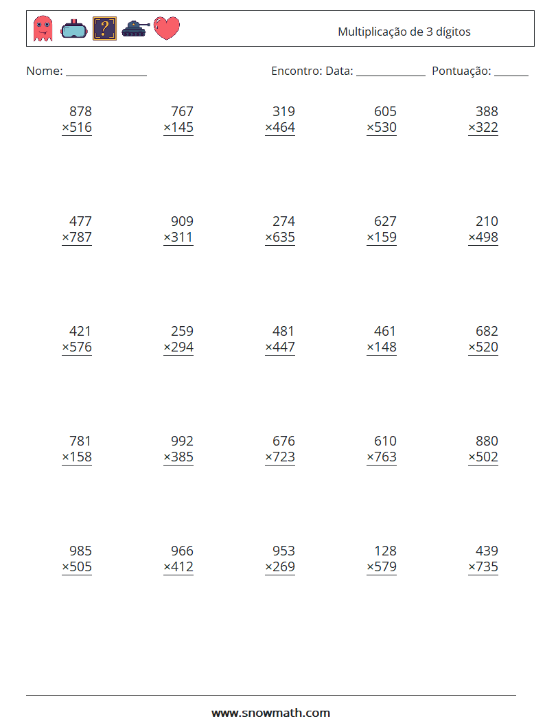 (25) Multiplicação de 3 dígitos planilhas matemáticas 9