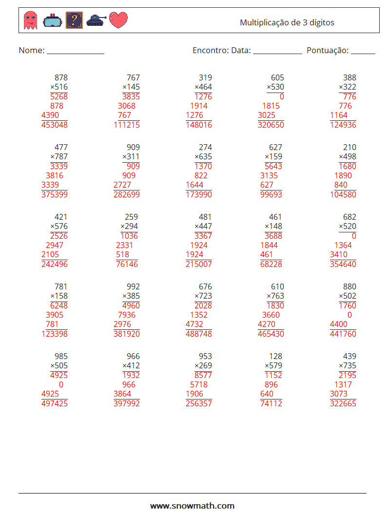 (25) Multiplicação de 3 dígitos planilhas matemáticas 9 Pergunta, Resposta