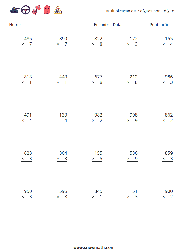 (25) Multiplicação de 3 dígitos por 1 dígito planilhas matemáticas 1