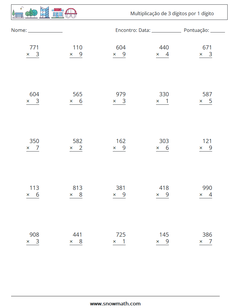 (25) Multiplicação de 3 dígitos por 1 dígito planilhas matemáticas 10