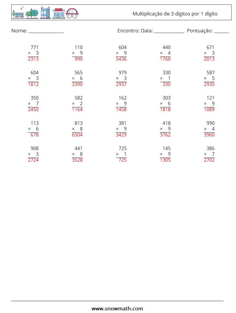 (25) Multiplicação de 3 dígitos por 1 dígito planilhas matemáticas 10 Pergunta, Resposta