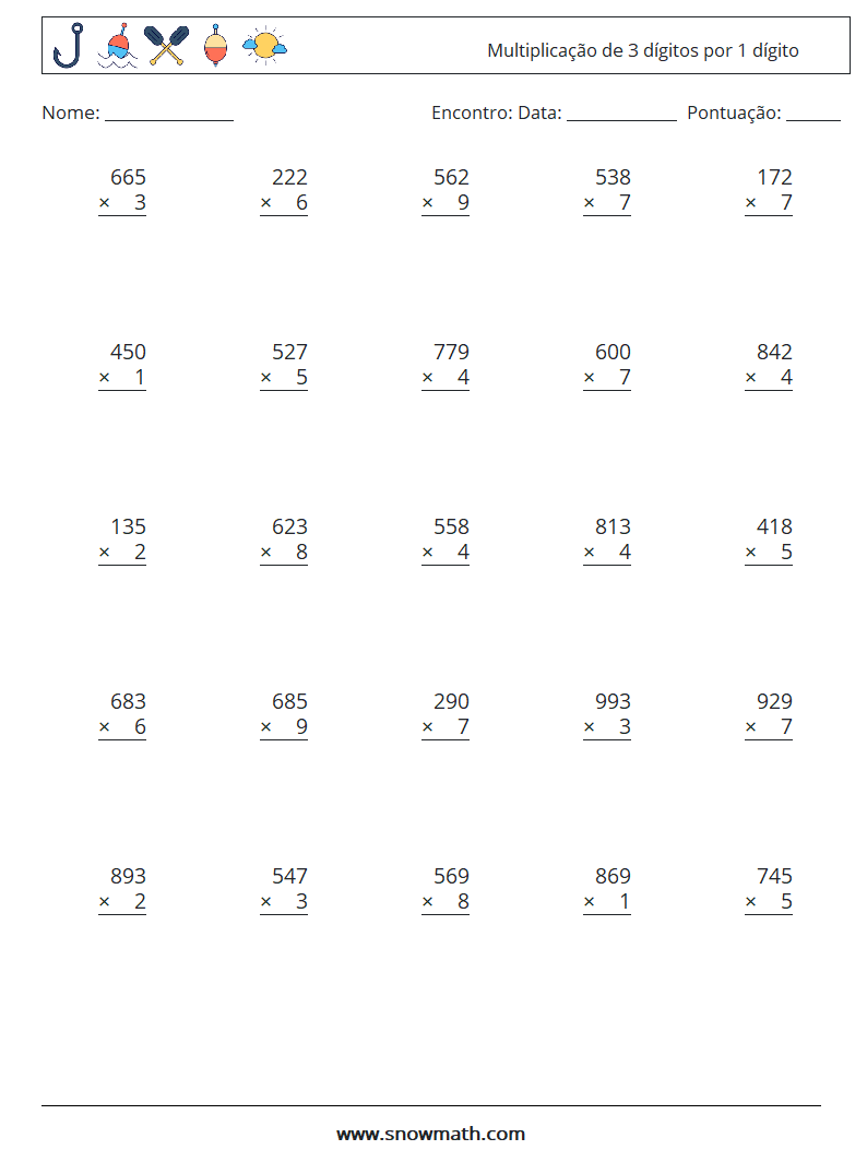(25) Multiplicação de 3 dígitos por 1 dígito planilhas matemáticas 11