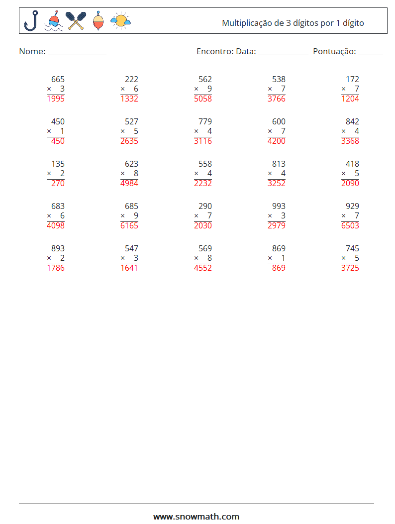 (25) Multiplicação de 3 dígitos por 1 dígito planilhas matemáticas 11 Pergunta, Resposta