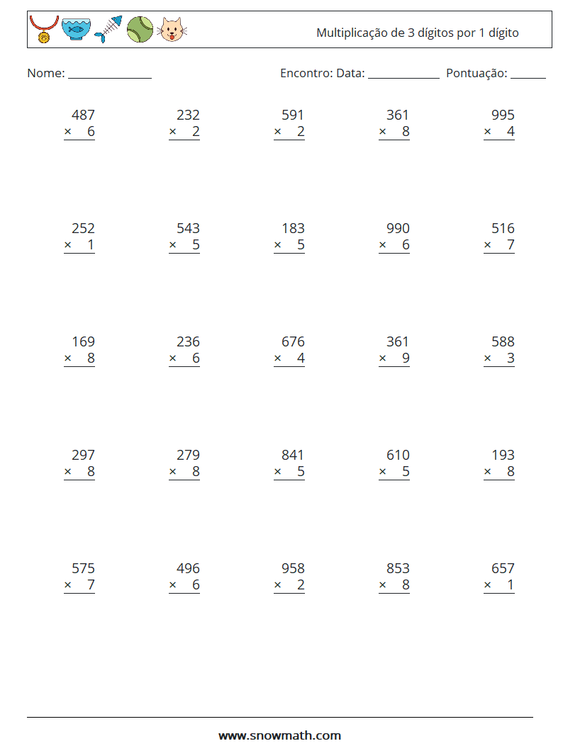 (25) Multiplicação de 3 dígitos por 1 dígito planilhas matemáticas 12