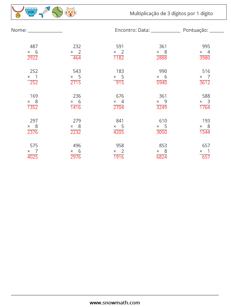 (25) Multiplicação de 3 dígitos por 1 dígito planilhas matemáticas 12 Pergunta, Resposta