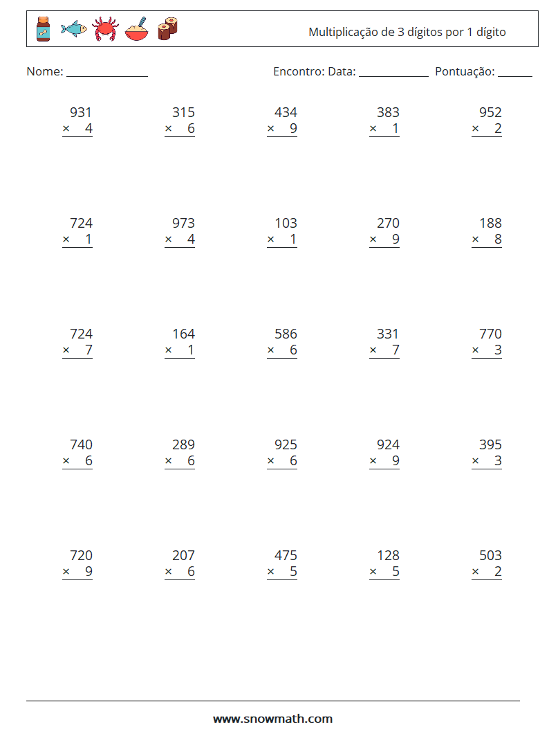 (25) Multiplicação de 3 dígitos por 1 dígito planilhas matemáticas 13
