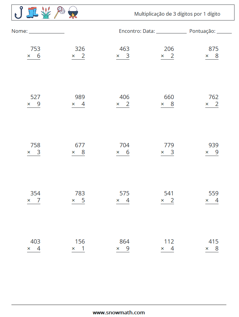 (25) Multiplicação de 3 dígitos por 1 dígito planilhas matemáticas 14