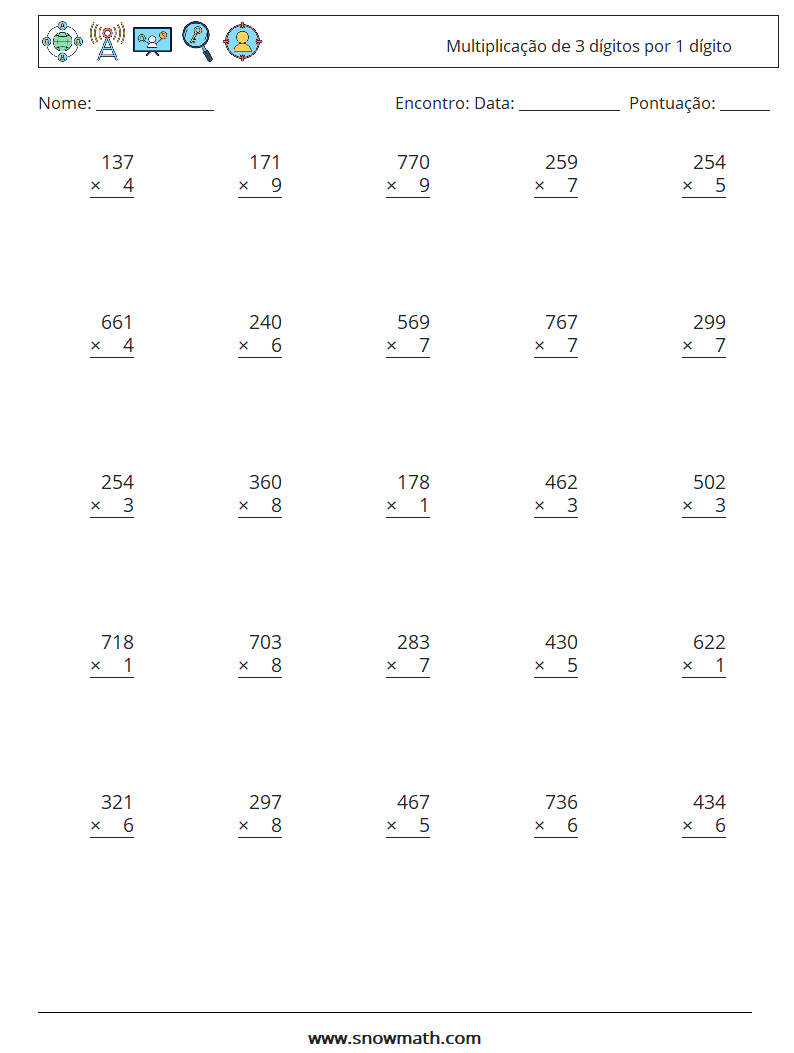 (25) Multiplicação de 3 dígitos por 1 dígito planilhas matemáticas 15