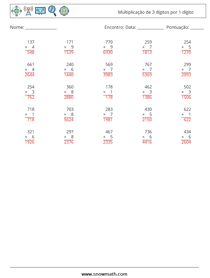 (25) Multiplicação de 3 dígitos por 1 dígito planilhas matemáticas 15 Pergunta, Resposta