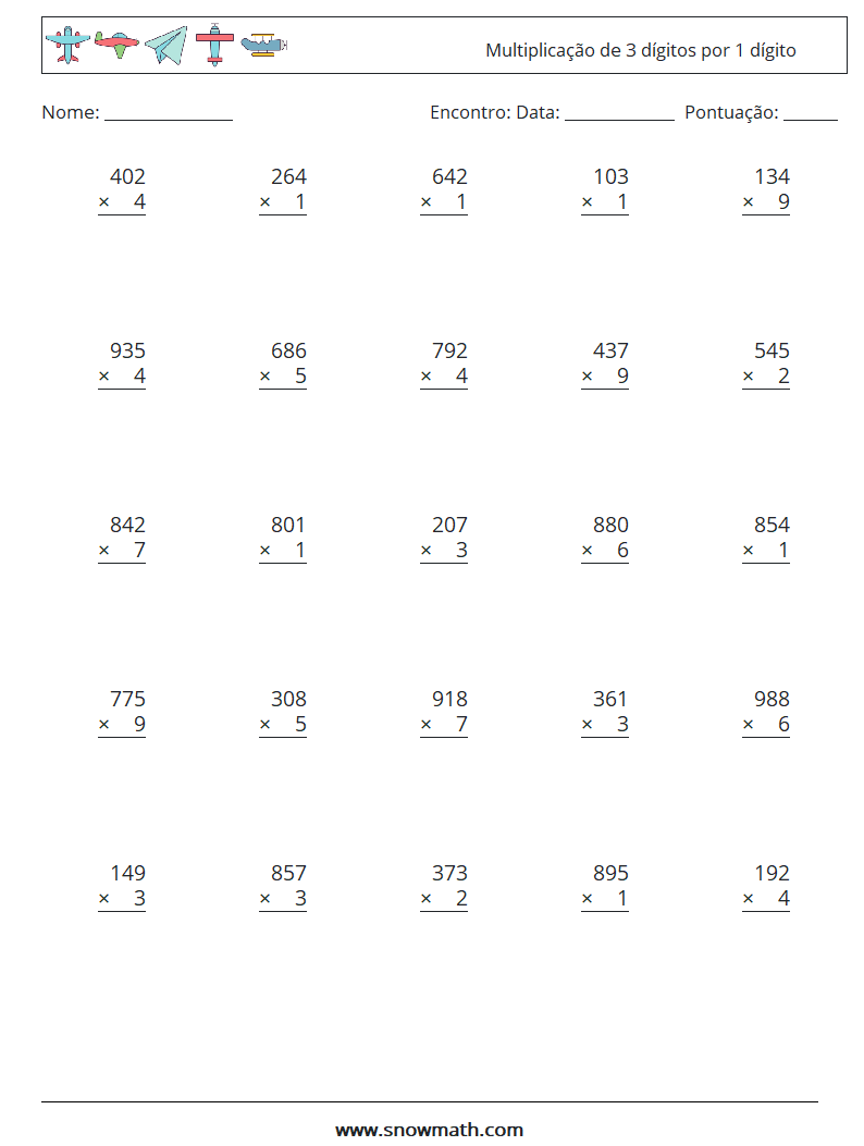 (25) Multiplicação de 3 dígitos por 1 dígito planilhas matemáticas 17