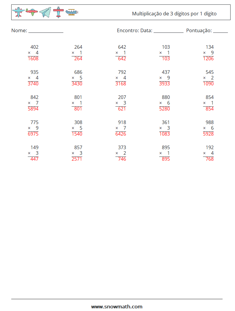 (25) Multiplicação de 3 dígitos por 1 dígito planilhas matemáticas 17 Pergunta, Resposta