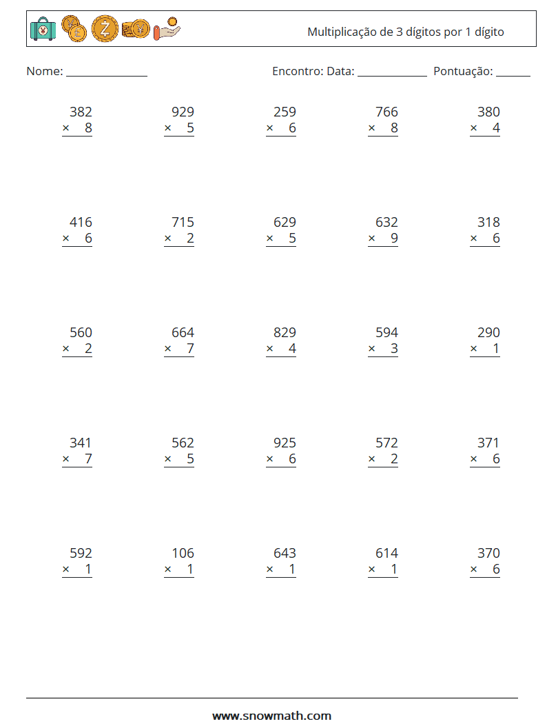 (25) Multiplicação de 3 dígitos por 1 dígito planilhas matemáticas 18