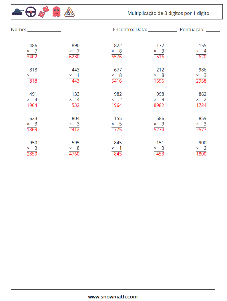 (25) Multiplicação de 3 dígitos por 1 dígito planilhas matemáticas 1 Pergunta, Resposta