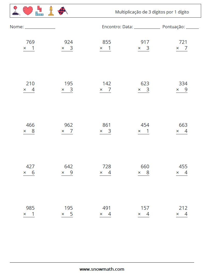 (25) Multiplicação de 3 dígitos por 1 dígito planilhas matemáticas 2