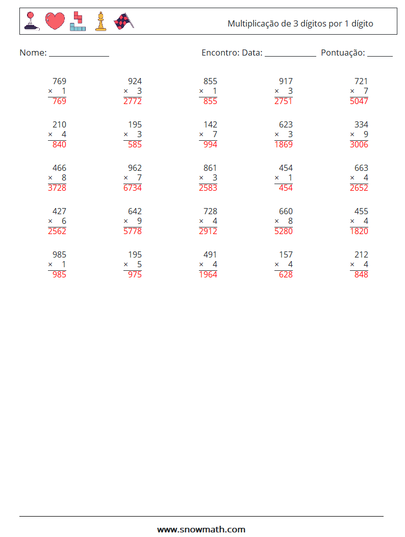 (25) Multiplicação de 3 dígitos por 1 dígito planilhas matemáticas 2 Pergunta, Resposta