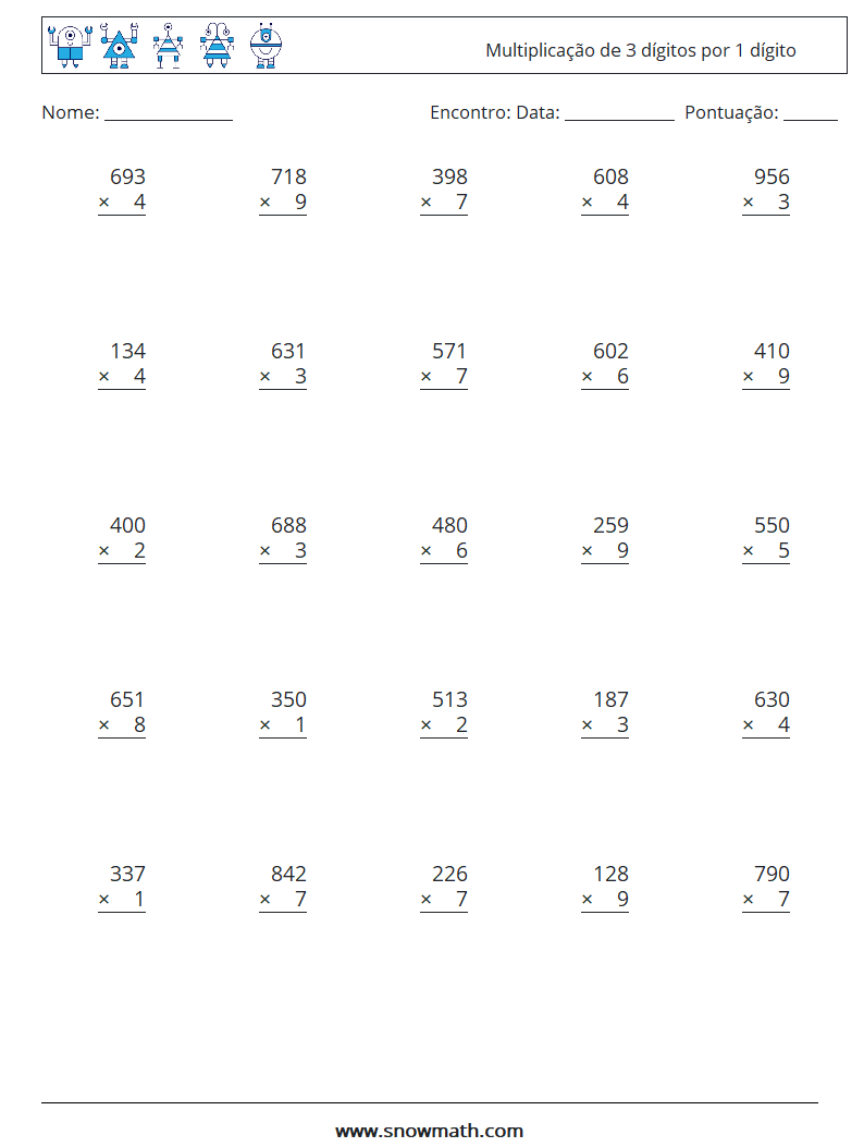 (25) Multiplicação de 3 dígitos por 1 dígito planilhas matemáticas 3
