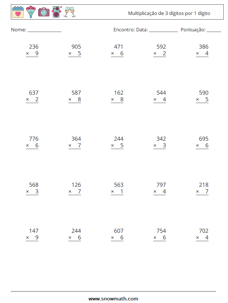(25) Multiplicação de 3 dígitos por 1 dígito planilhas matemáticas 4