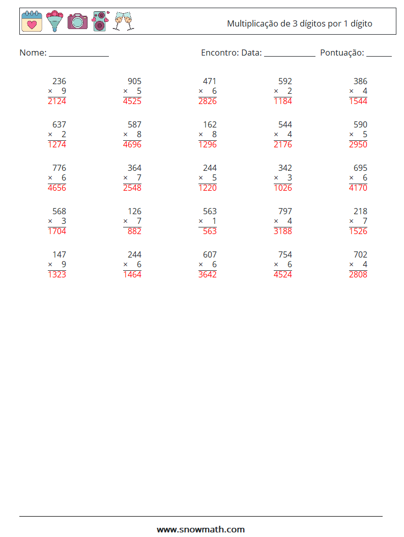 (25) Multiplicação de 3 dígitos por 1 dígito planilhas matemáticas 4 Pergunta, Resposta