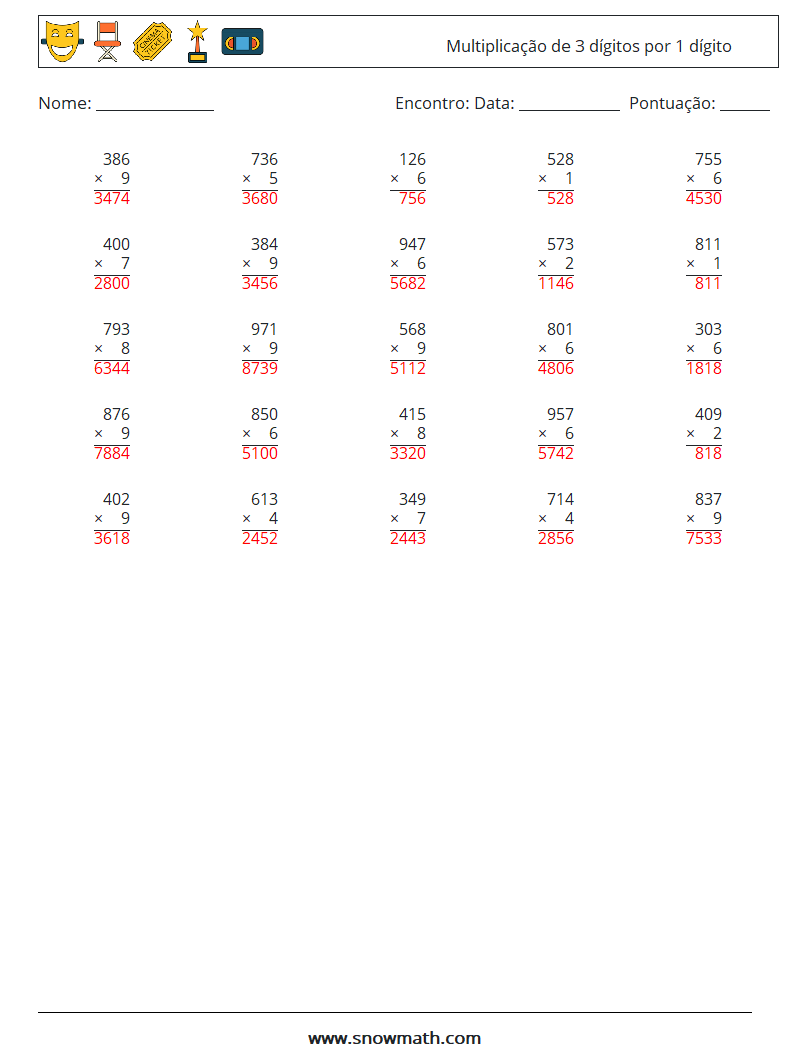 (25) Multiplicação de 3 dígitos por 1 dígito planilhas matemáticas 5 Pergunta, Resposta