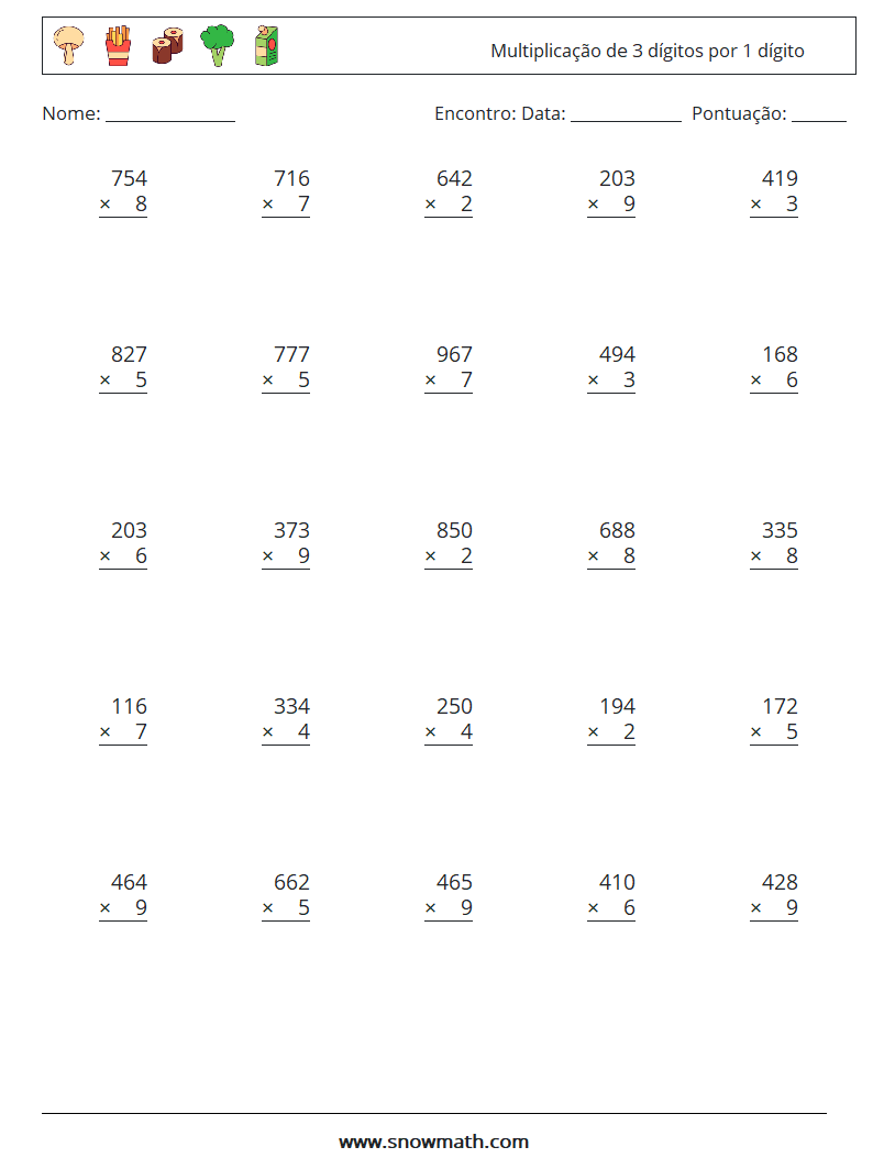 (25) Multiplicação de 3 dígitos por 1 dígito planilhas matemáticas 7