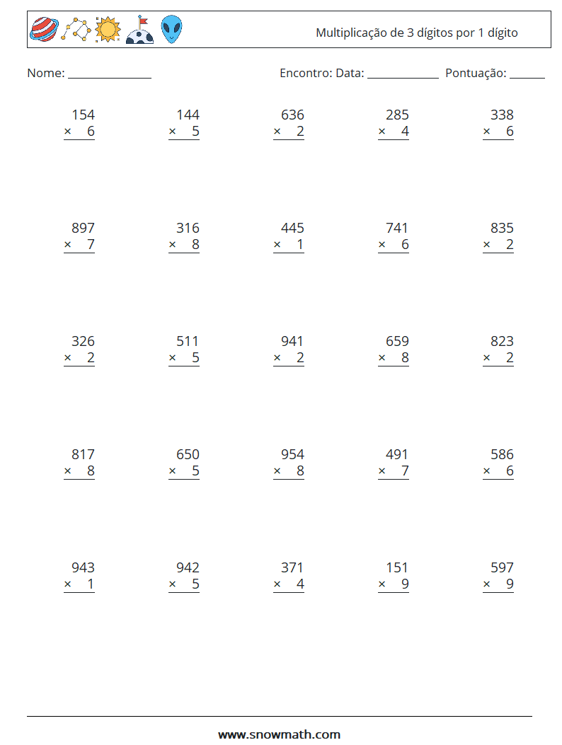 (25) Multiplicação de 3 dígitos por 1 dígito planilhas matemáticas 9