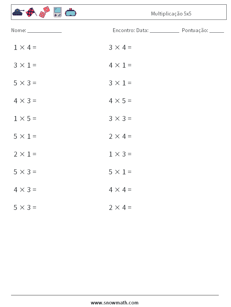 (20) Multiplicação 5x5 planilhas matemáticas 1