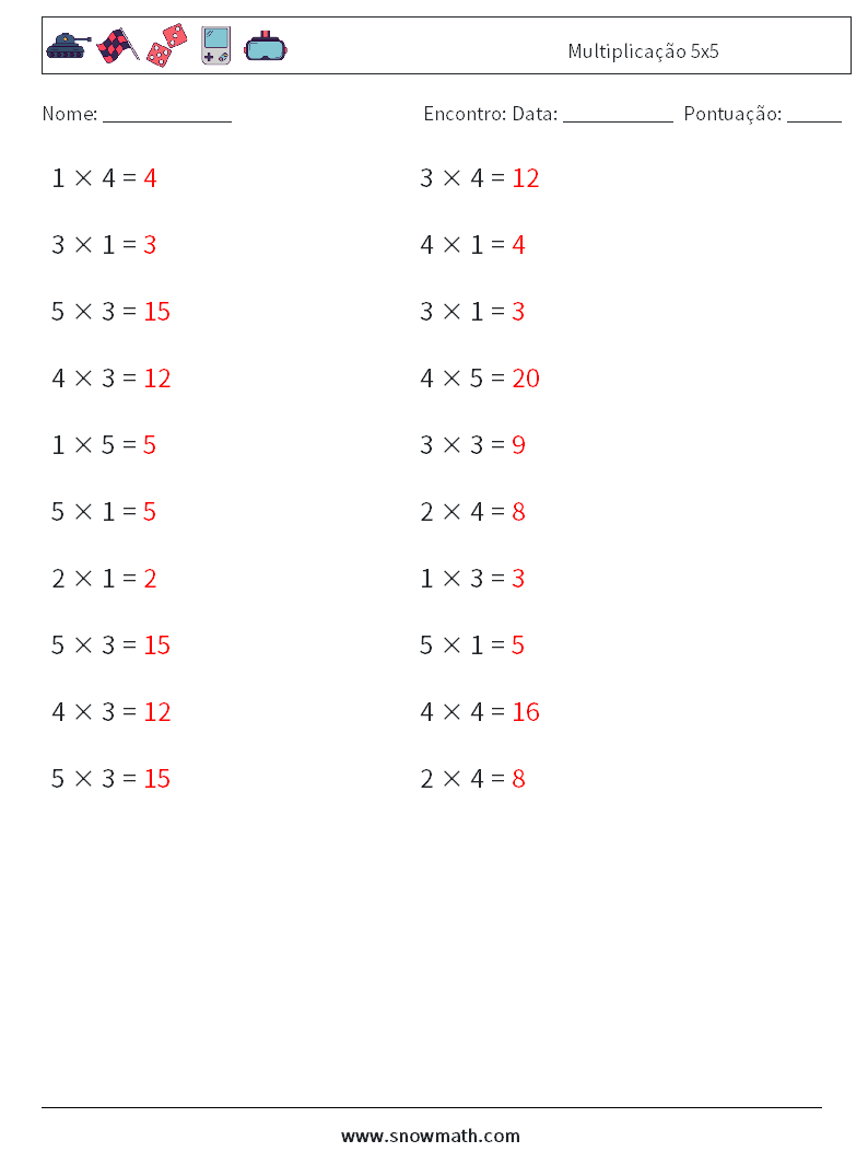 (20) Multiplicação 5x5 planilhas matemáticas 1 Pergunta, Resposta