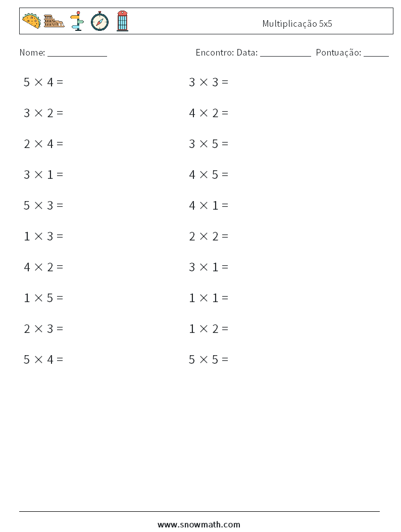 (20) Multiplicação 5x5 planilhas matemáticas 3