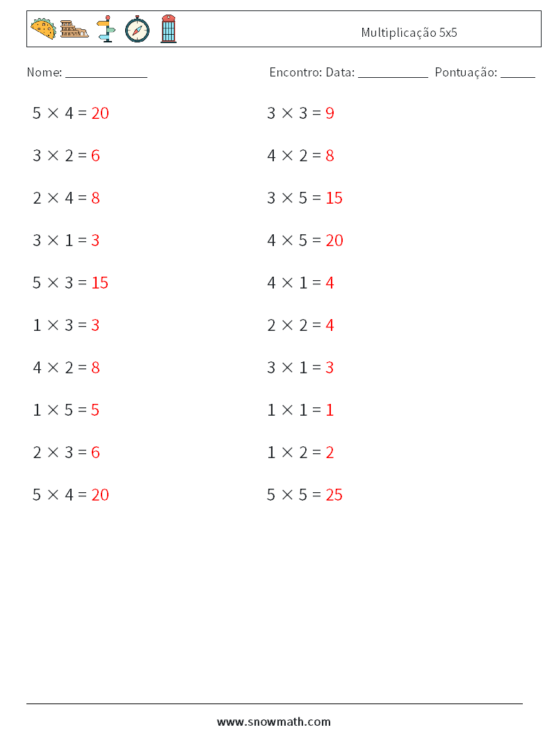(20) Multiplicação 5x5 planilhas matemáticas 3 Pergunta, Resposta