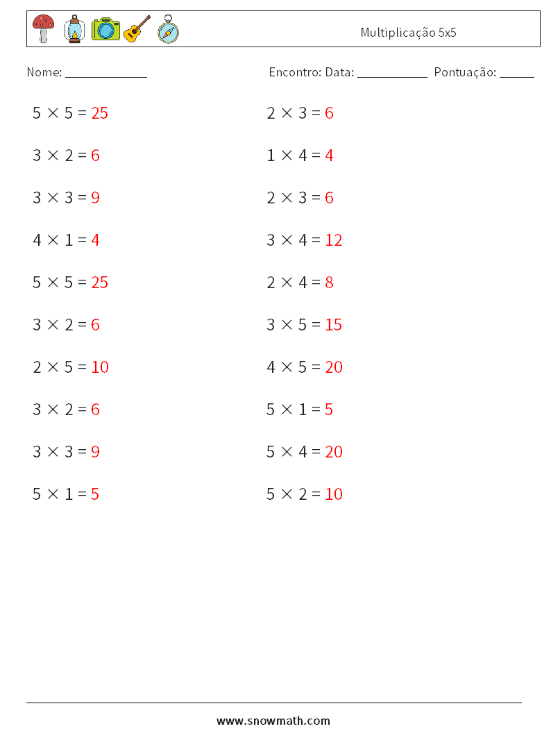 (20) Multiplicação 5x5 planilhas matemáticas 4 Pergunta, Resposta