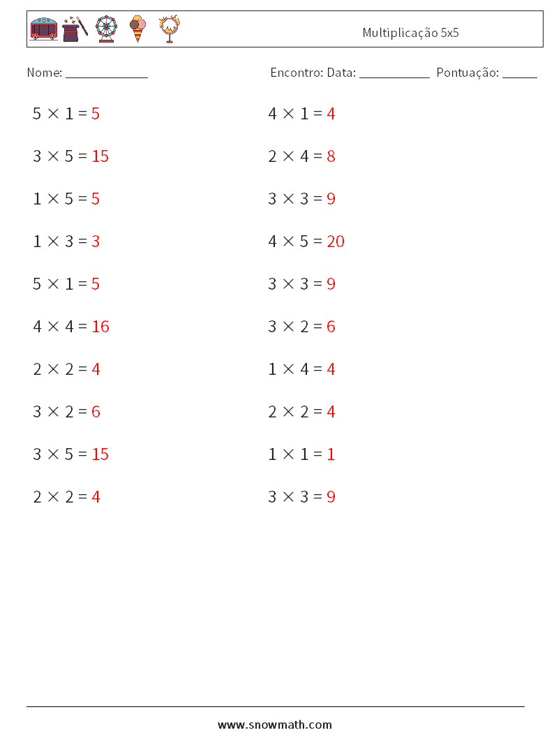 (20) Multiplicação 5x5 planilhas matemáticas 6 Pergunta, Resposta