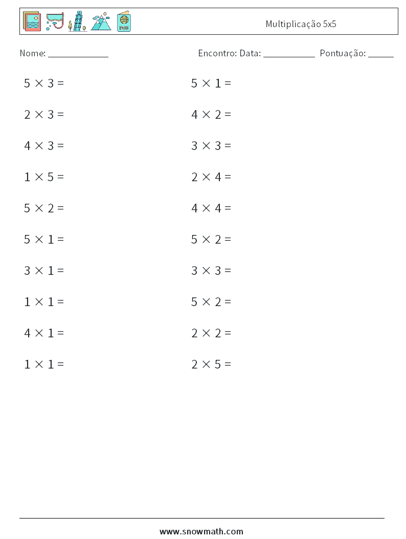 (20) Multiplicação 5x5 planilhas matemáticas 7