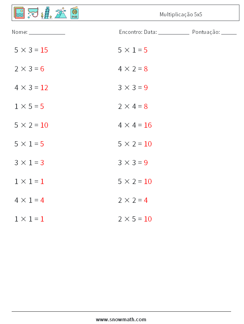 (20) Multiplicação 5x5 planilhas matemáticas 7 Pergunta, Resposta