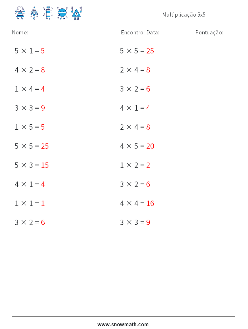 (20) Multiplicação 5x5 planilhas matemáticas 8 Pergunta, Resposta
