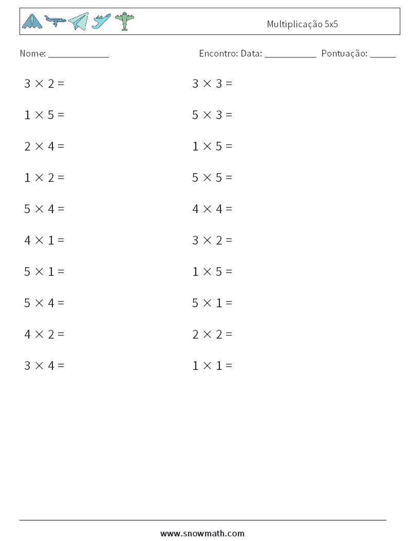 (20) Multiplicação 5x5 planilhas matemáticas 9