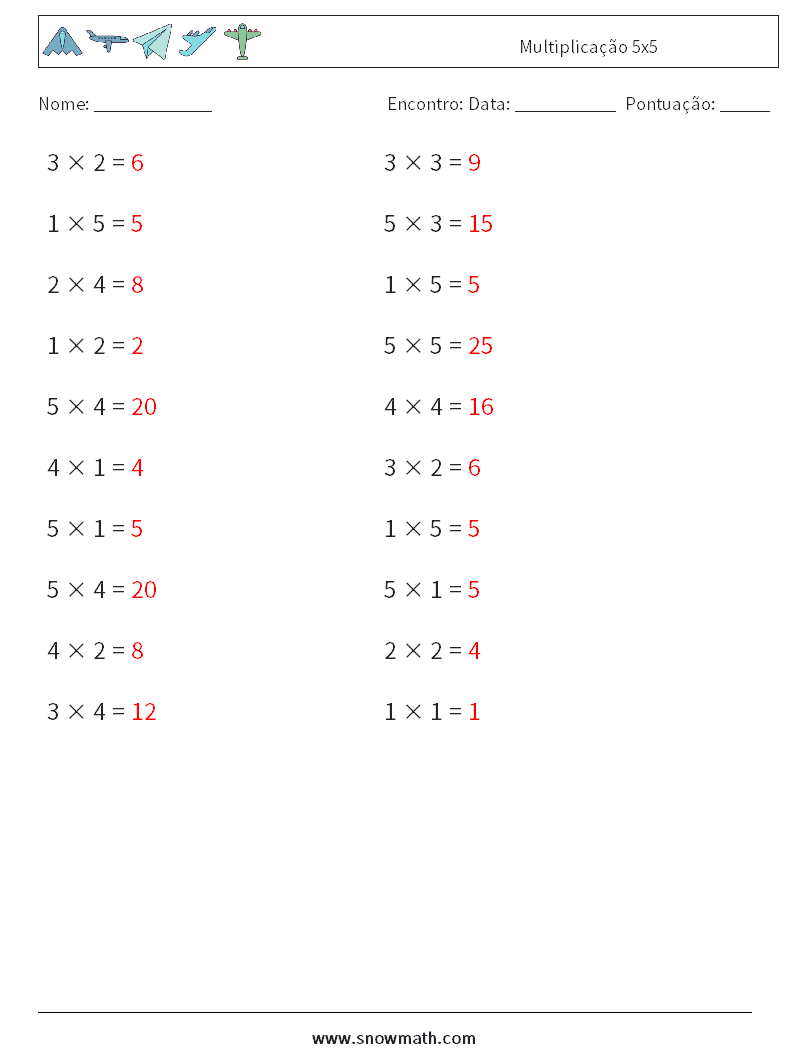 (20) Multiplicação 5x5 planilhas matemáticas 9 Pergunta, Resposta