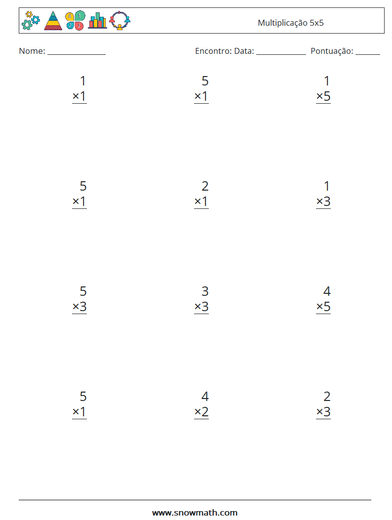 (12) Multiplicação 5x5 planilhas matemáticas 1