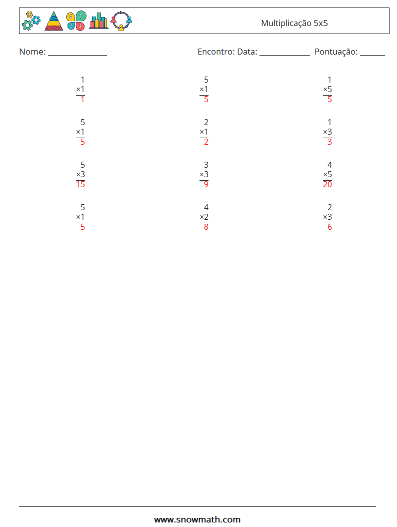 (12) Multiplicação 5x5 planilhas matemáticas 1 Pergunta, Resposta