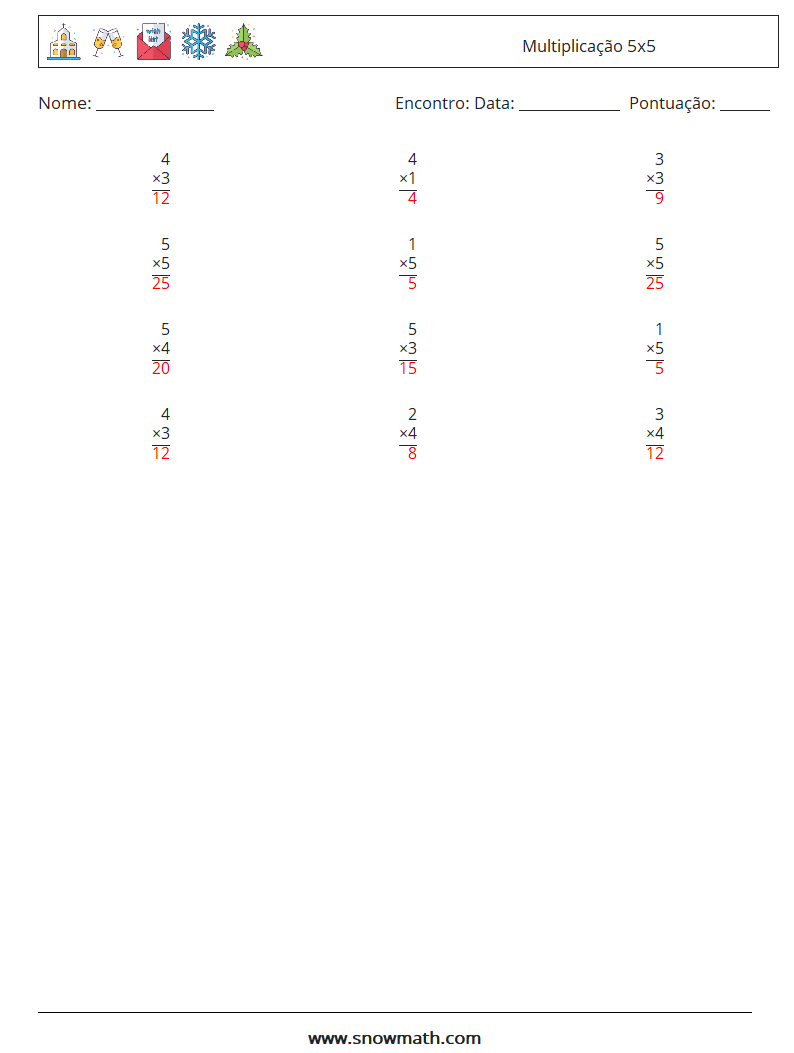 (12) Multiplicação 5x5 planilhas matemáticas 4 Pergunta, Resposta