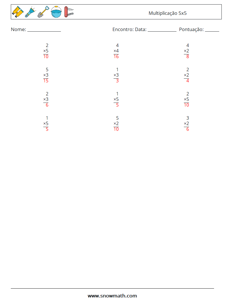 (12) Multiplicação 5x5 planilhas matemáticas 5 Pergunta, Resposta