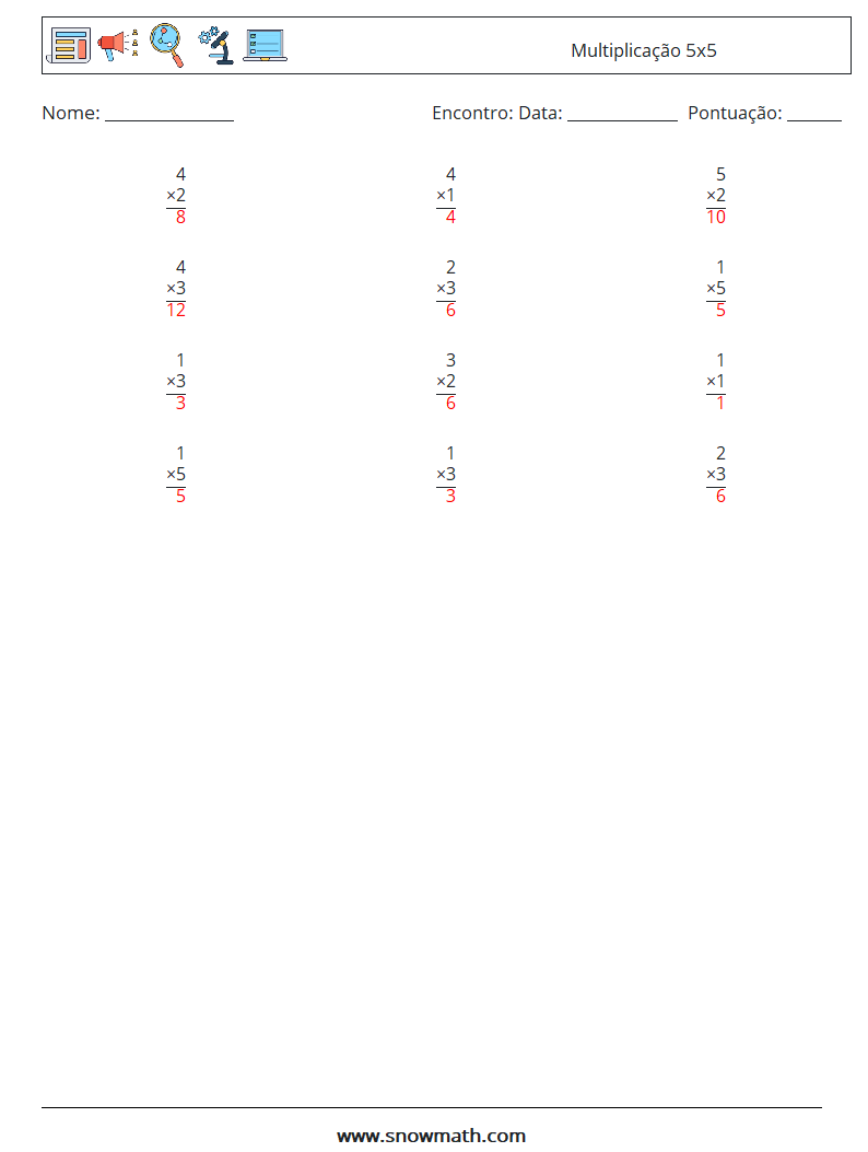 (12) Multiplicação 5x5 planilhas matemáticas 6 Pergunta, Resposta